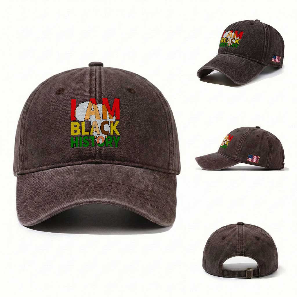 Black History Month African American Washed Cotton Baseball Cap I Am Black History TS14 Washed Cap Universal Fit Dark Brown Print Your Wear