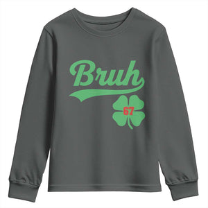67 Bruh St Patricks Day Youth Sweatshirt Funny Six Seven Shamrock Meme TS14 Dark Heather Print Your Wear