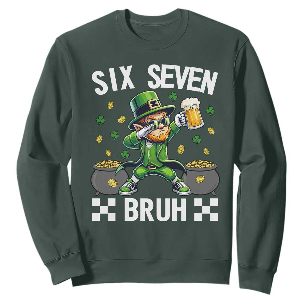 67 Bruh St Patricks Day Sweatshirt Funny Six Seven Leprechaun Bruh Meme TS14 Dark Forest Green Print Your Wear