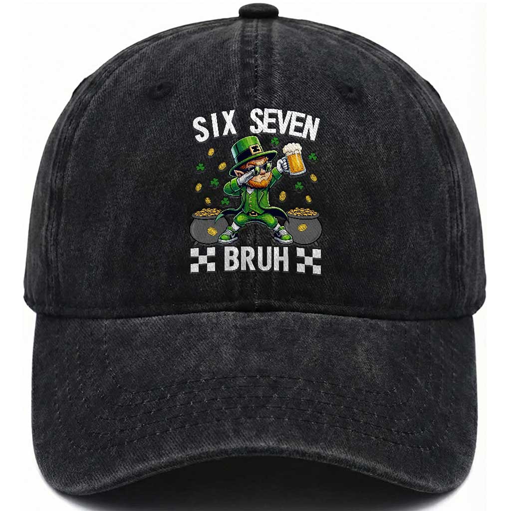 67 Bruh St Patricks Day Washed Cotton Baseball Cap Funny Six Seven Leprechaun Bruh Meme TS14 Washed Cap Universal Fit Black Print Your Wear