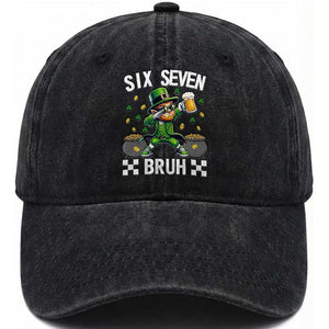 67 Bruh St Patricks Day Washed Cotton Baseball Cap Funny Six Seven Leprechaun Bruh Meme TS14 Washed Cap Universal Fit Black Print Your Wear