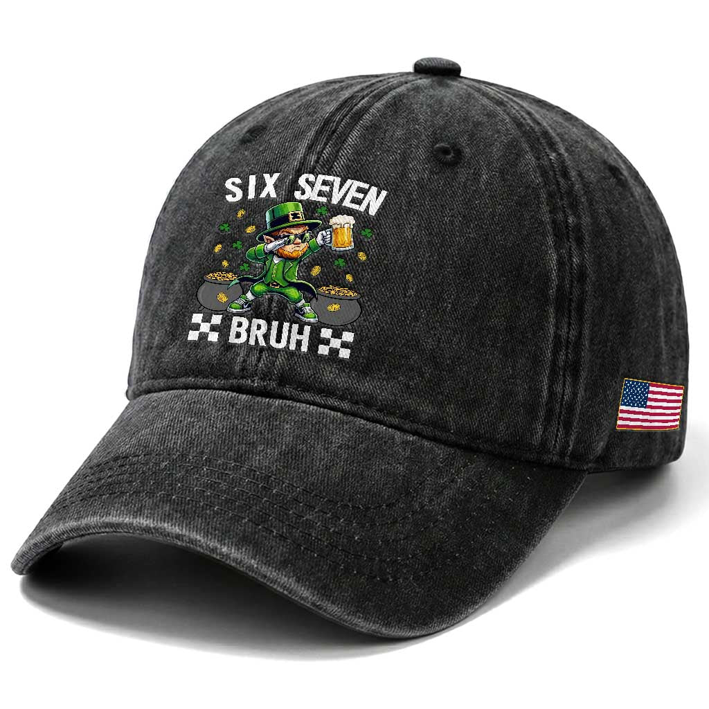 67 Bruh St Patricks Day Washed Cotton Baseball Cap Funny Six Seven Leprechaun Bruh Meme TS14 Print Your Wear