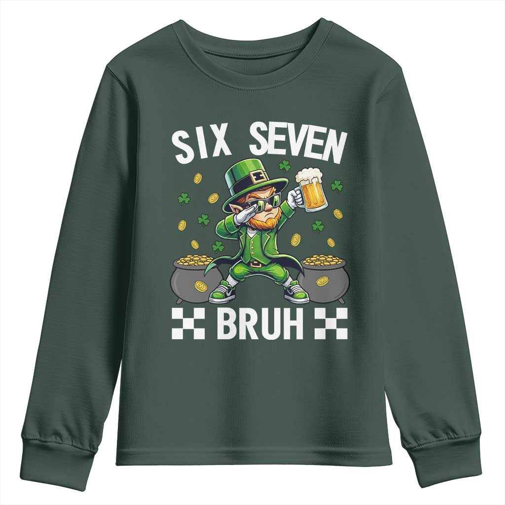 67 Bruh St Patricks Day Youth Sweatshirt Funny Six Seven Leprechaun Bruh Meme TS14 Dark Forest Green Print Your Wear