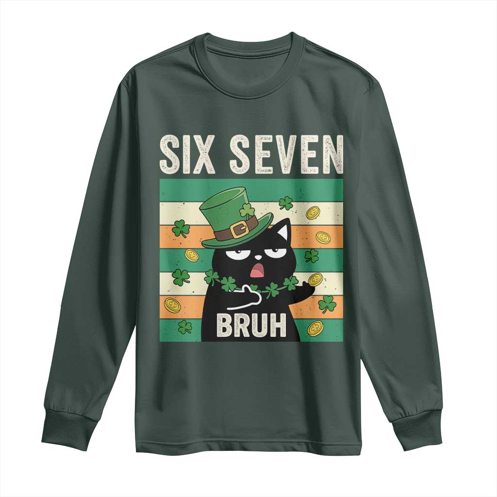67 Bruh St Patricks Day Long Sleeve Shirt Funny Cat Bruh Six Seven Meme TS14 Dark Forest Green Print Your Wear