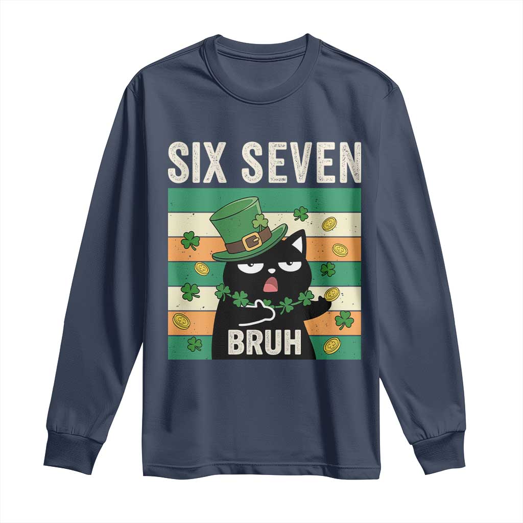 67 Bruh St Patricks Day Long Sleeve Shirt Funny Cat Bruh Six Seven Meme TS14 Navy Print Your Wear