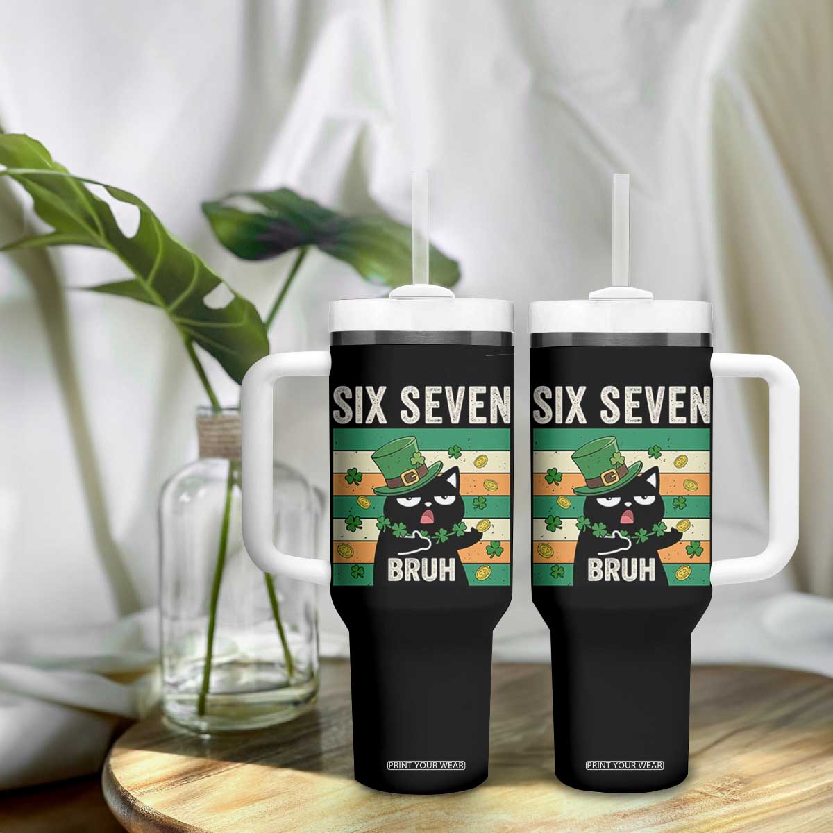 67 Bruh St Patricks Day Tumbler With Handle Funny Cat Bruh Six Seven Meme TS14 Print Your Wear