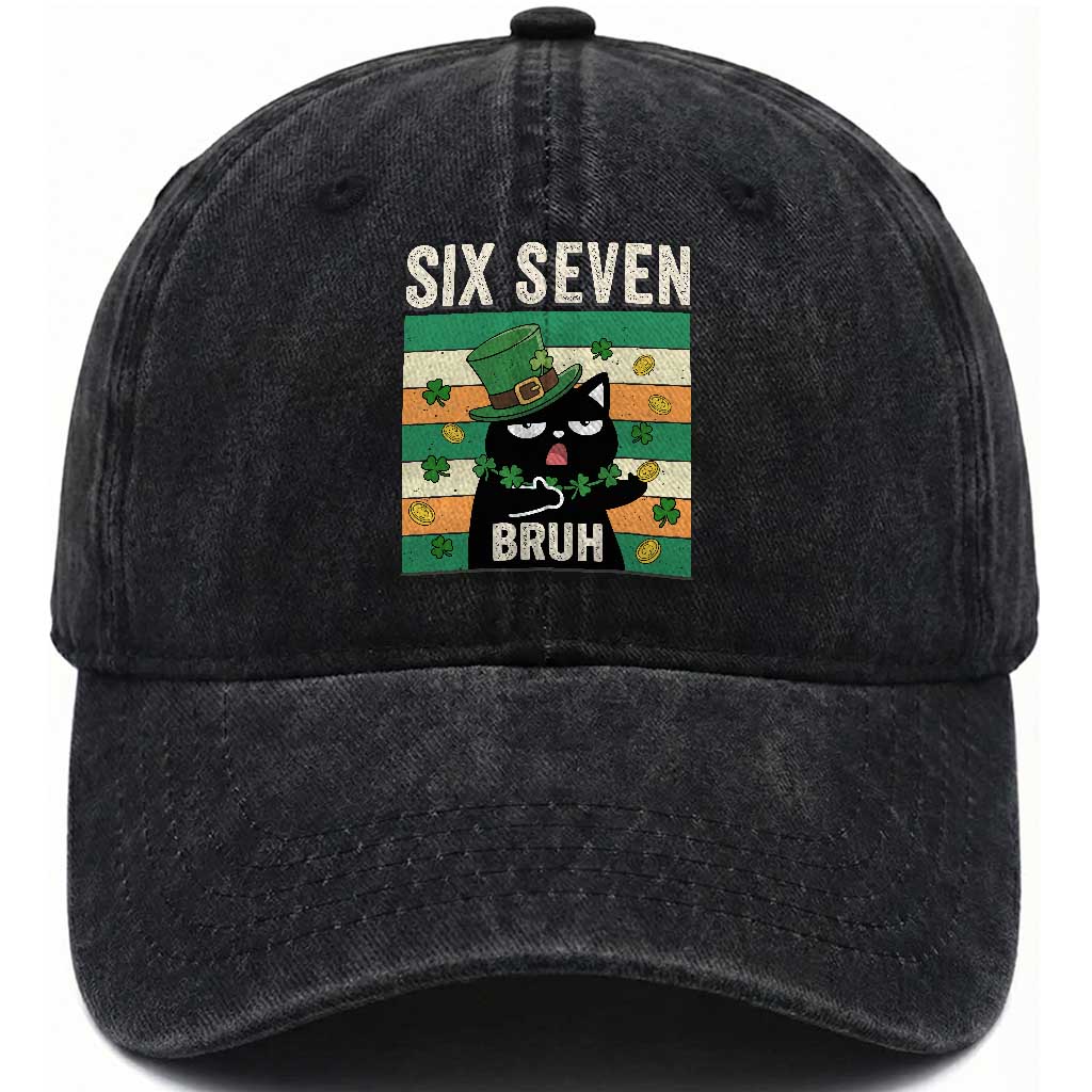 67 Bruh St Patricks Day Washed Cotton Baseball Cap Funny Cat Bruh Six Seven Meme TS14 Washed Cap Universal Fit Black Print Your Wear