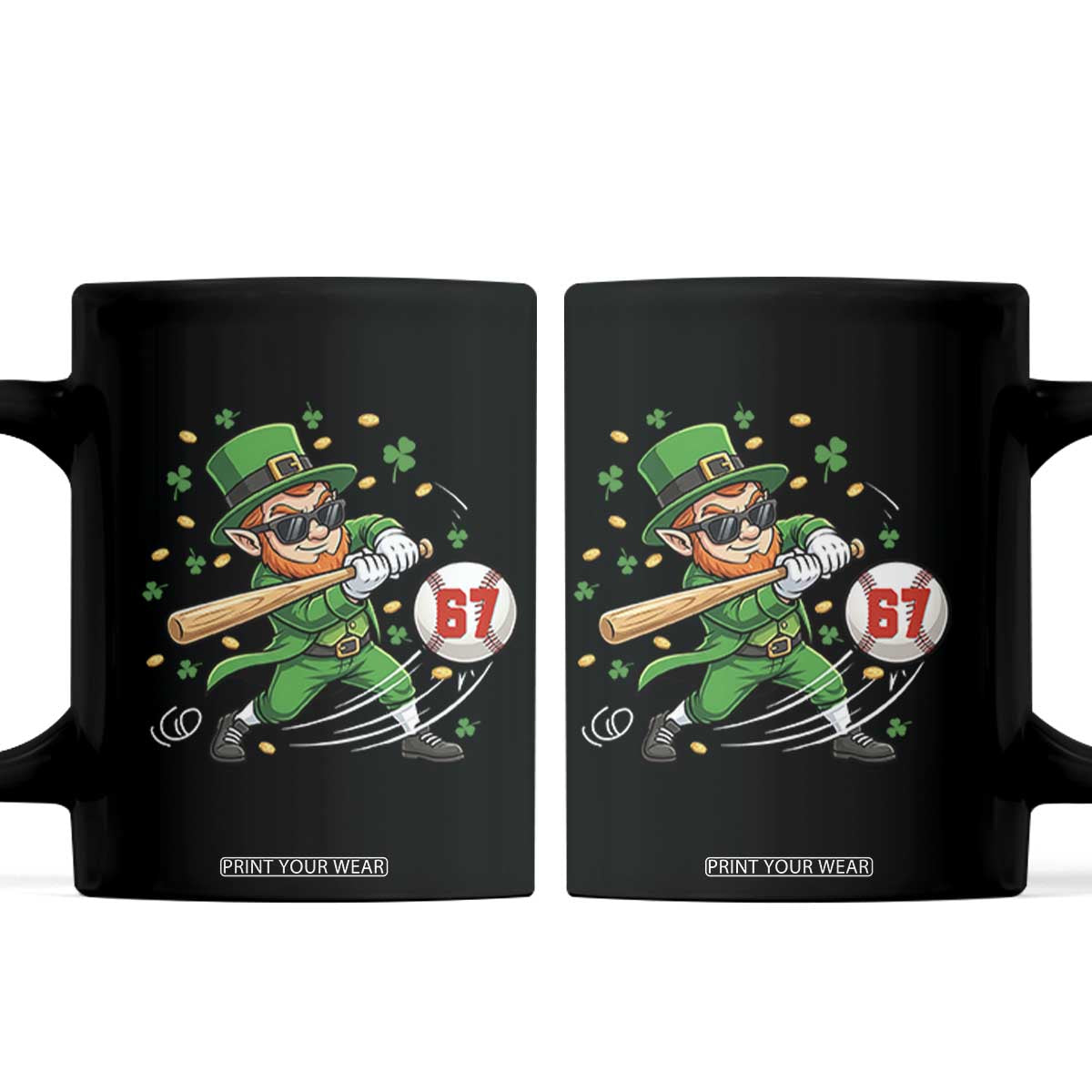 67 St Patricks Day Coffee Mug Funny Six Seven Leprechaun Playing Baseball Meme TS14 Black Print Your Wear