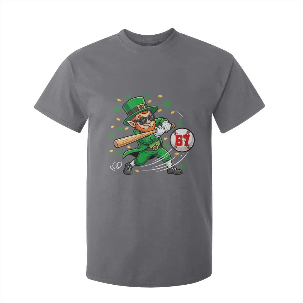 67 St Patricks Day T Shirt For Kid Funny Six Seven Leprechaun Playing Baseball Meme TS14 Charcoal Print Your Wear