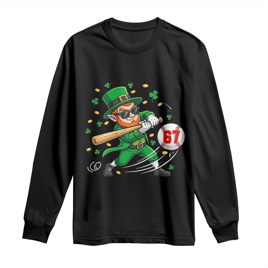 67 St Patricks Day Long Sleeve Shirt Funny Six Seven Leprechaun Playing Baseball Meme TS14 Black Print Your Wear