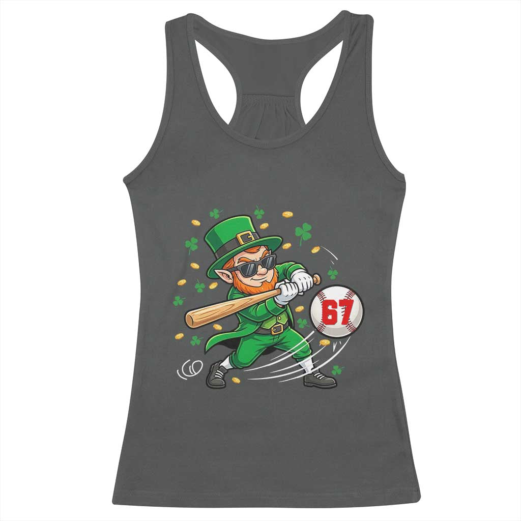 67 St Patricks Day Racerback Tank Top Funny Six Seven Leprechaun Playing Baseball Meme TS14 Dark Heather Print Your Wear
