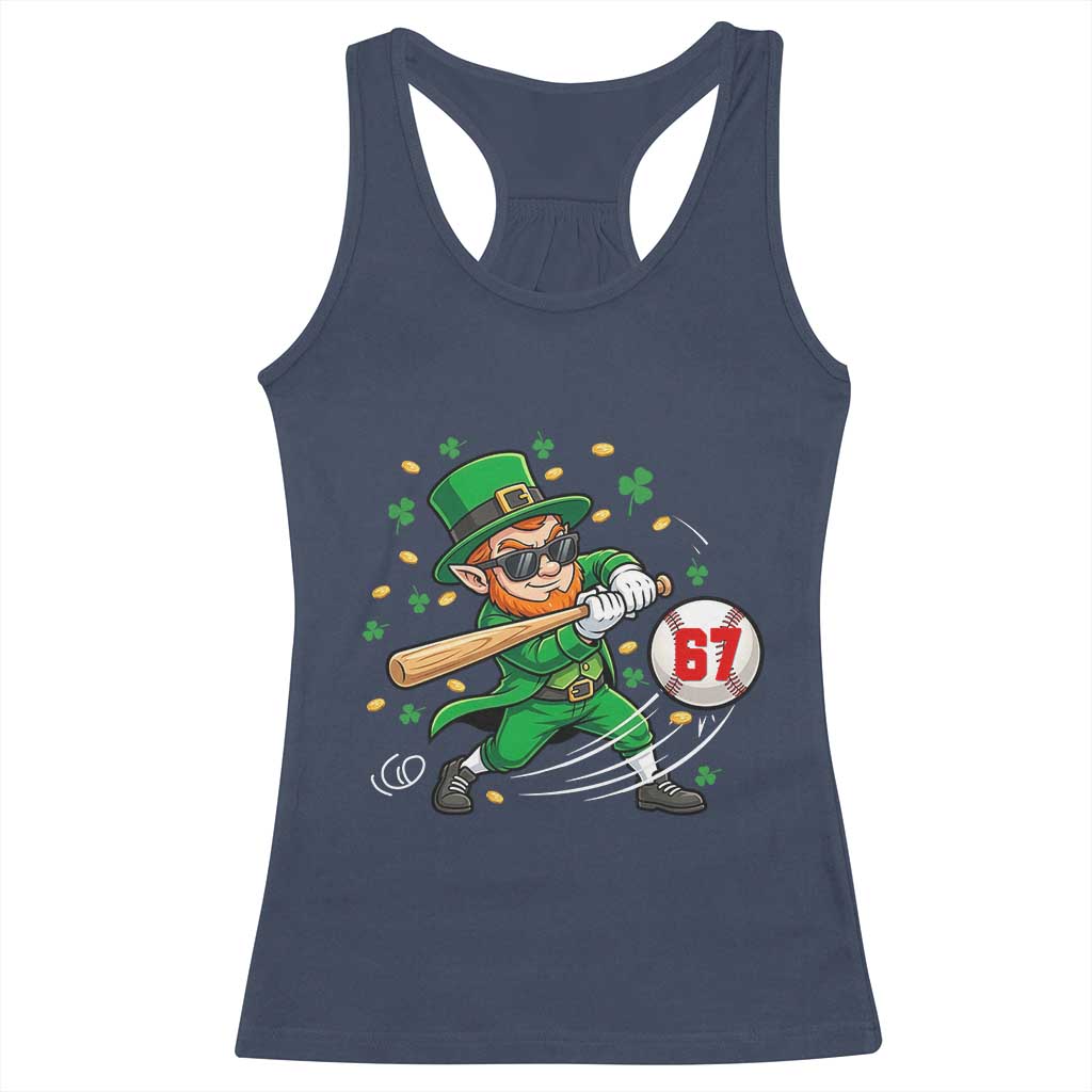 67 St Patricks Day Racerback Tank Top Funny Six Seven Leprechaun Playing Baseball Meme TS14 Navy Print Your Wear