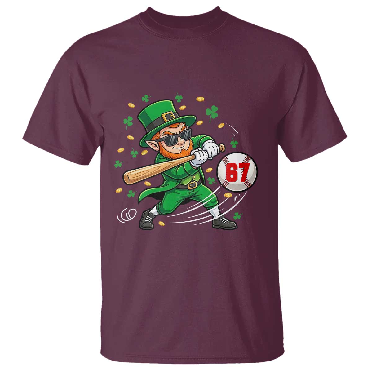 67 St Patricks Day T Shirt Funny Six Seven Leprechaun Playing Baseball Meme TS14 Maroon Print Your Wear