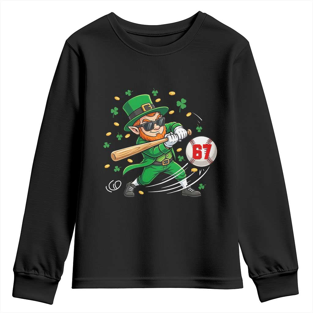 67 St Patricks Day Youth Sweatshirt Funny Six Seven Leprechaun Playing Baseball Meme TS14 Black Print Your Wear