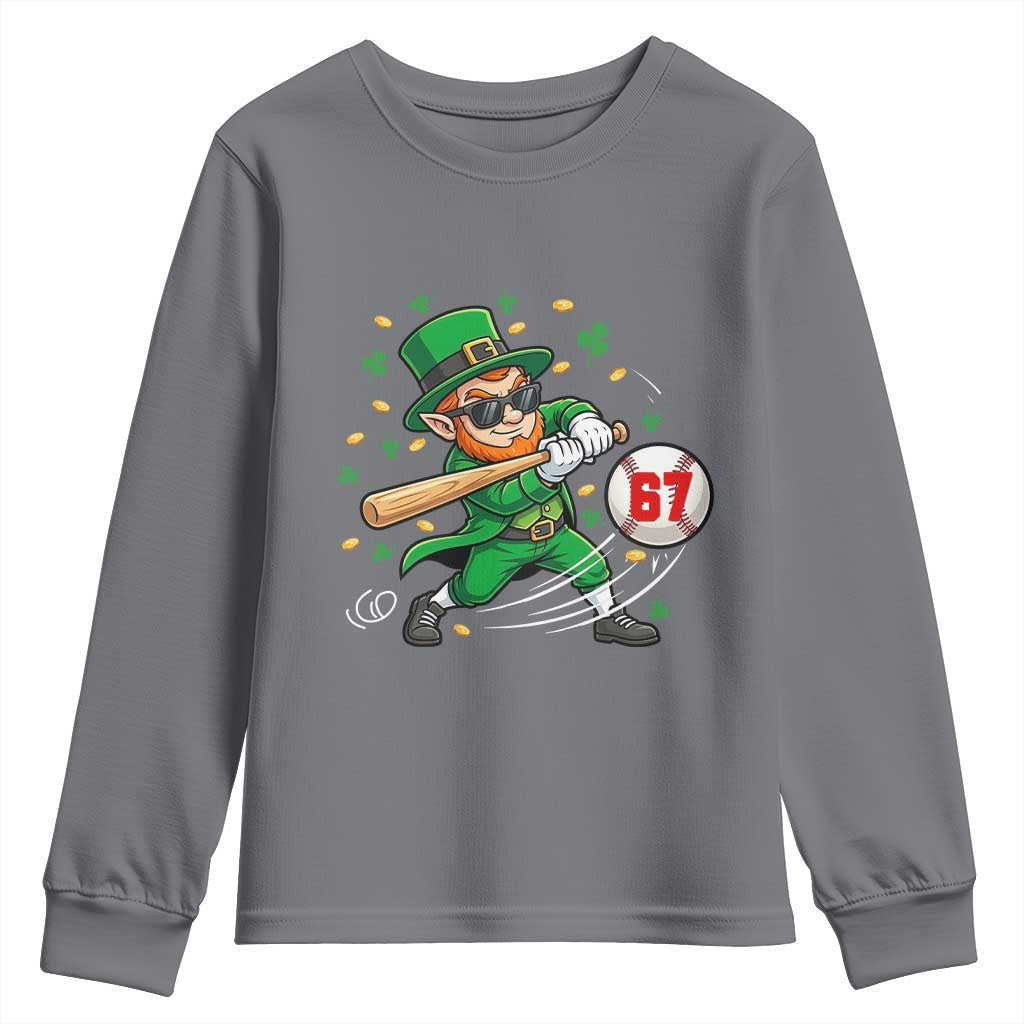 67 St Patricks Day Youth Sweatshirt Funny Six Seven Leprechaun Playing Baseball Meme TS14 Charcoal Print Your Wear