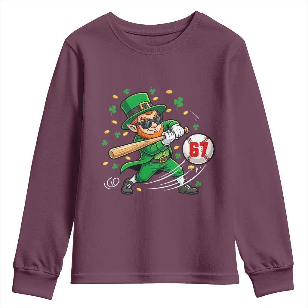 67 St Patricks Day Youth Sweatshirt Funny Six Seven Leprechaun Playing Baseball Meme TS14 Maroon Print Your Wear