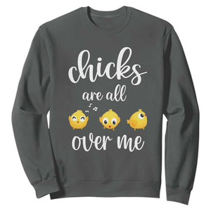 Chicks Are All Over Me Sweatshirt Funny Easter Kids TS14 Dark Heather Print Your Wear