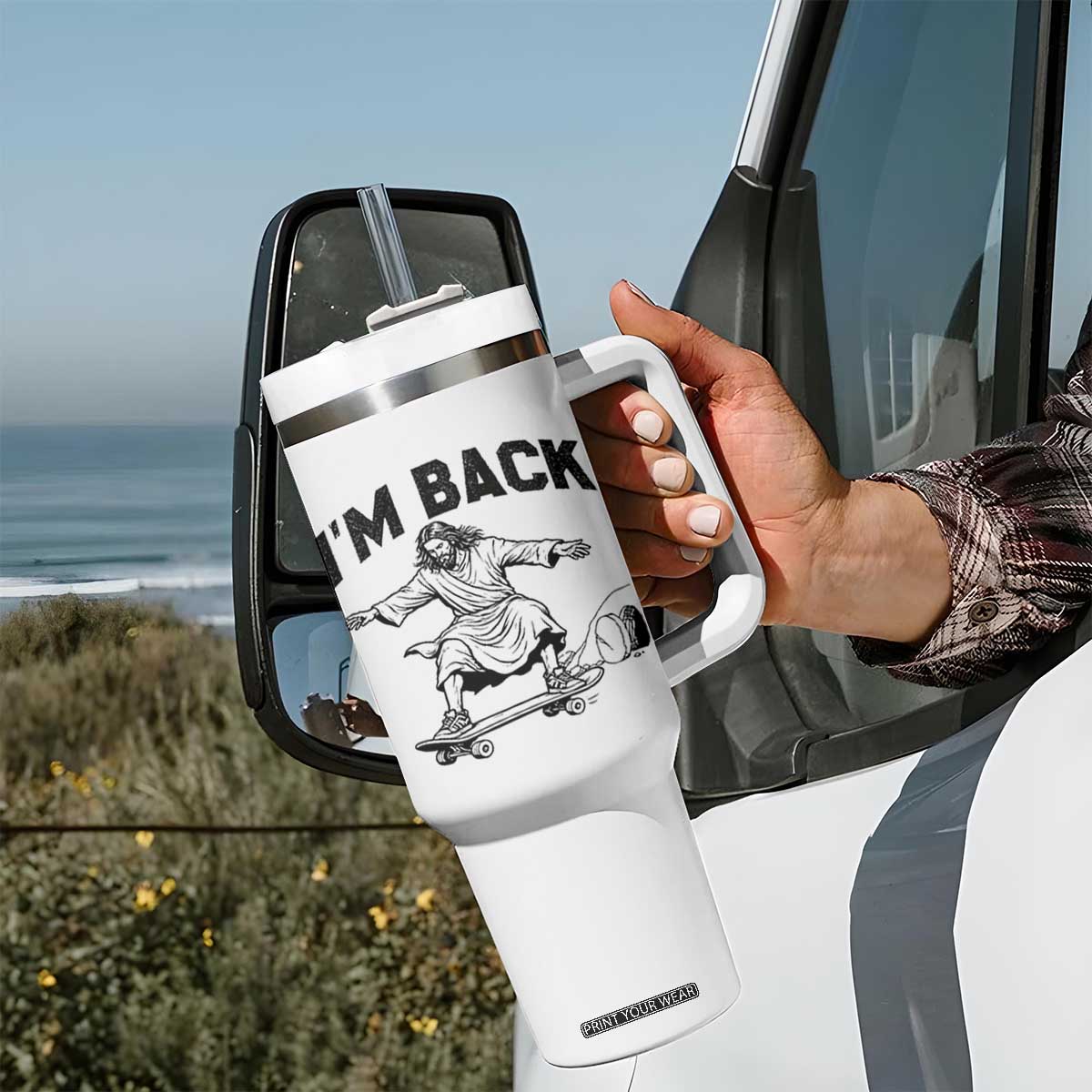 Christian Easter Tumbler With Handle Funny Skateboard Jesus I am Back TS14 Print Your Wear