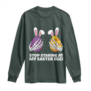 Stop Staring at My Easter Eggs Long Sleeve Shirt Funny Skeleton Bunny Easter TS14 Dark Forest Green Print Your Wear