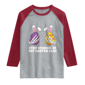 Stop Staring at My Easter Eggs Raglan Shirt Funny Skeleton Bunny Easter TS14 Heather Gray Heather Red Print Your Wear