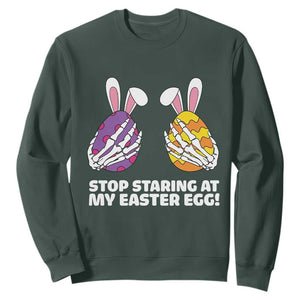 Stop Staring at My Easter Eggs Sweatshirt Funny Skeleton Bunny Easter TS14 Dark Forest Green Print Your Wear