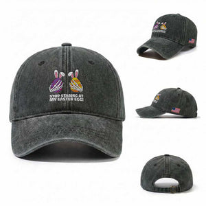 Stop Staring at My Easter Eggs Washed Cotton Baseball Cap Funny Skeleton Bunny Easter TS14 Washed Cap Universal Fit Dark Green Print Your Wear