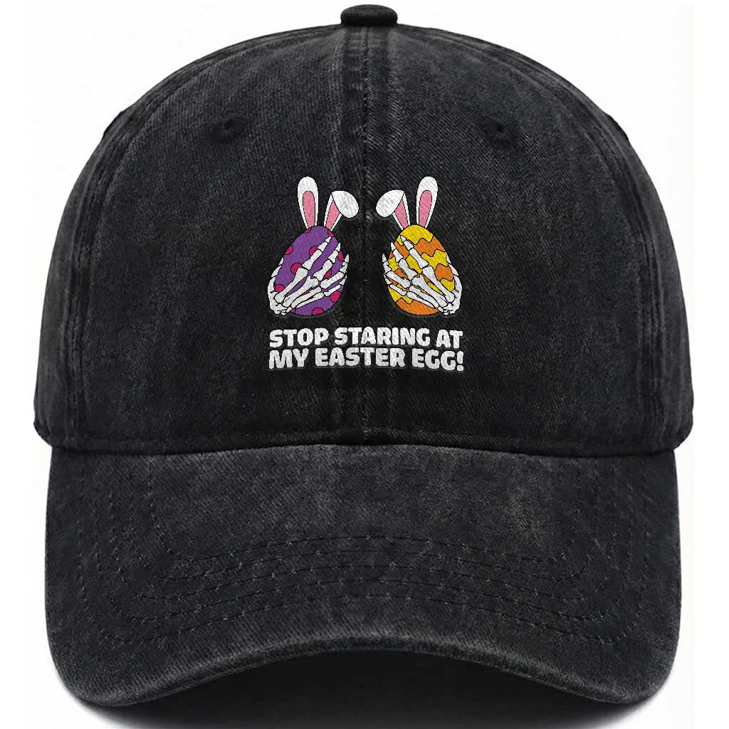 Stop Staring at My Easter Eggs Washed Cotton Baseball Cap Funny Skeleton Bunny Easter TS14 Print Your Wear
