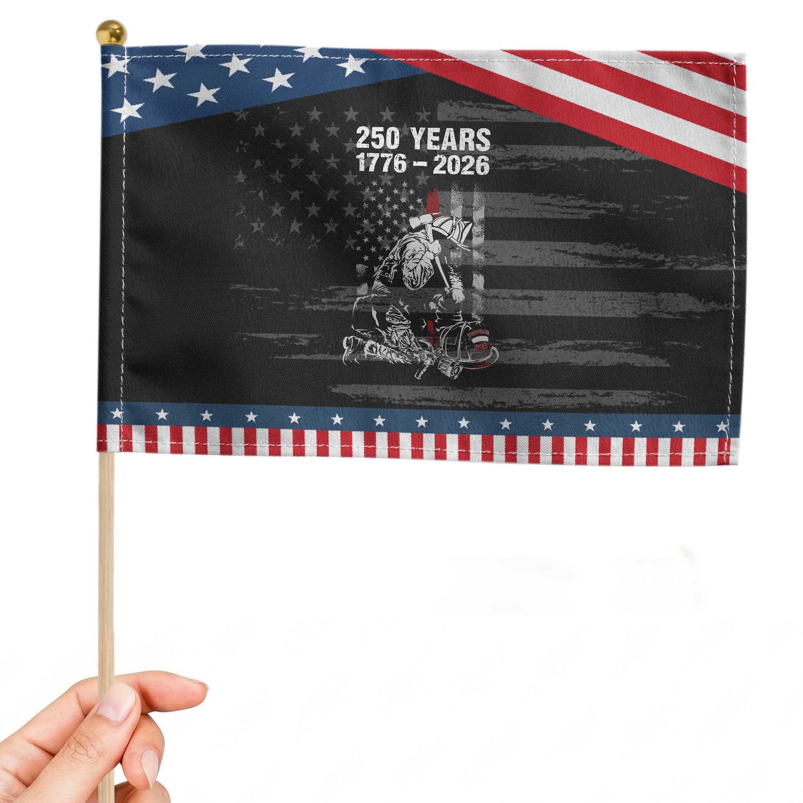Fireman 250 Years of America Patriotic Handheld Flag Firefighter Red US 4th Of July TS14 Distressed 8.2