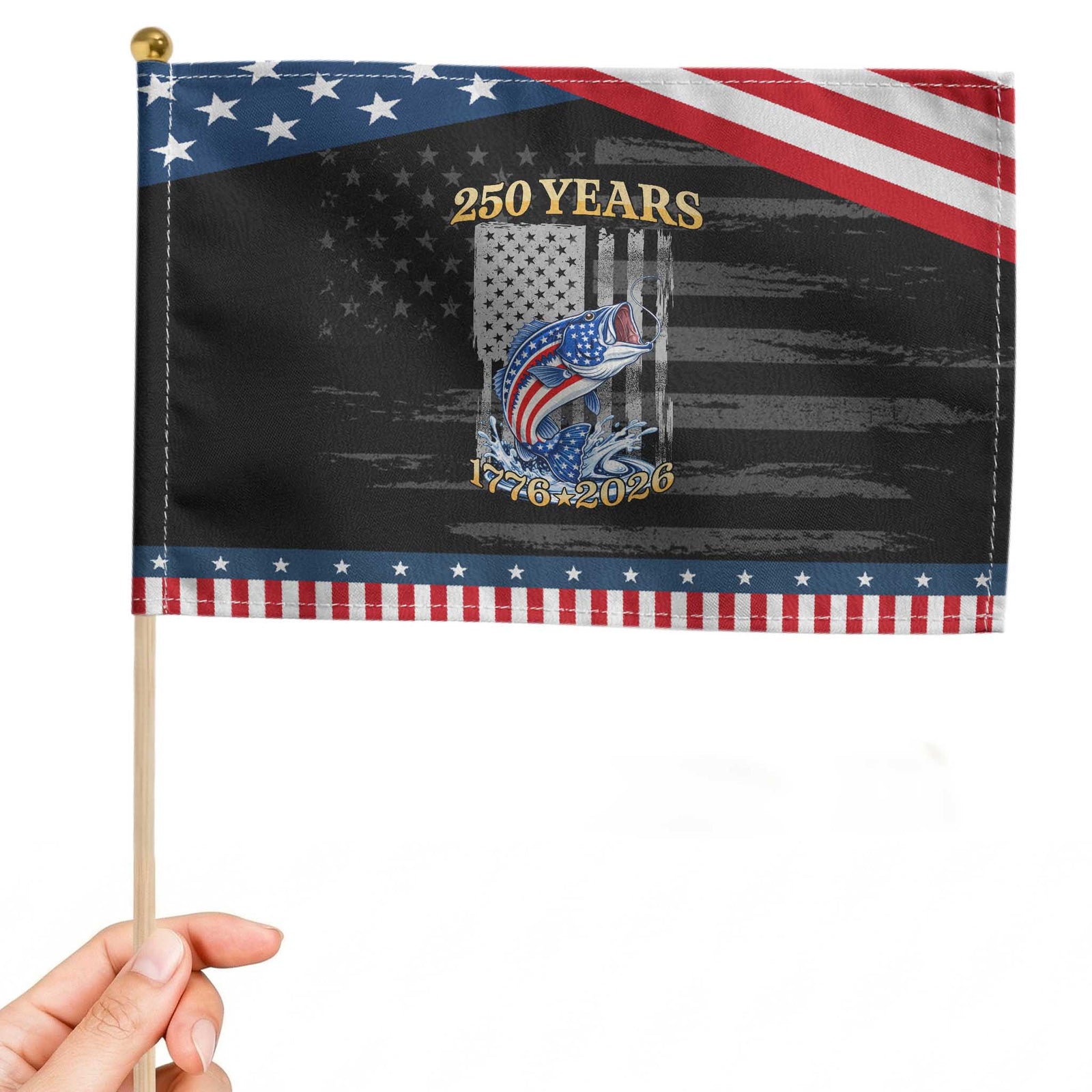 250th Anniversary USA Fishing Patriotic Handheld Flag Fisherman American Flag TS14 Distressed 8.2