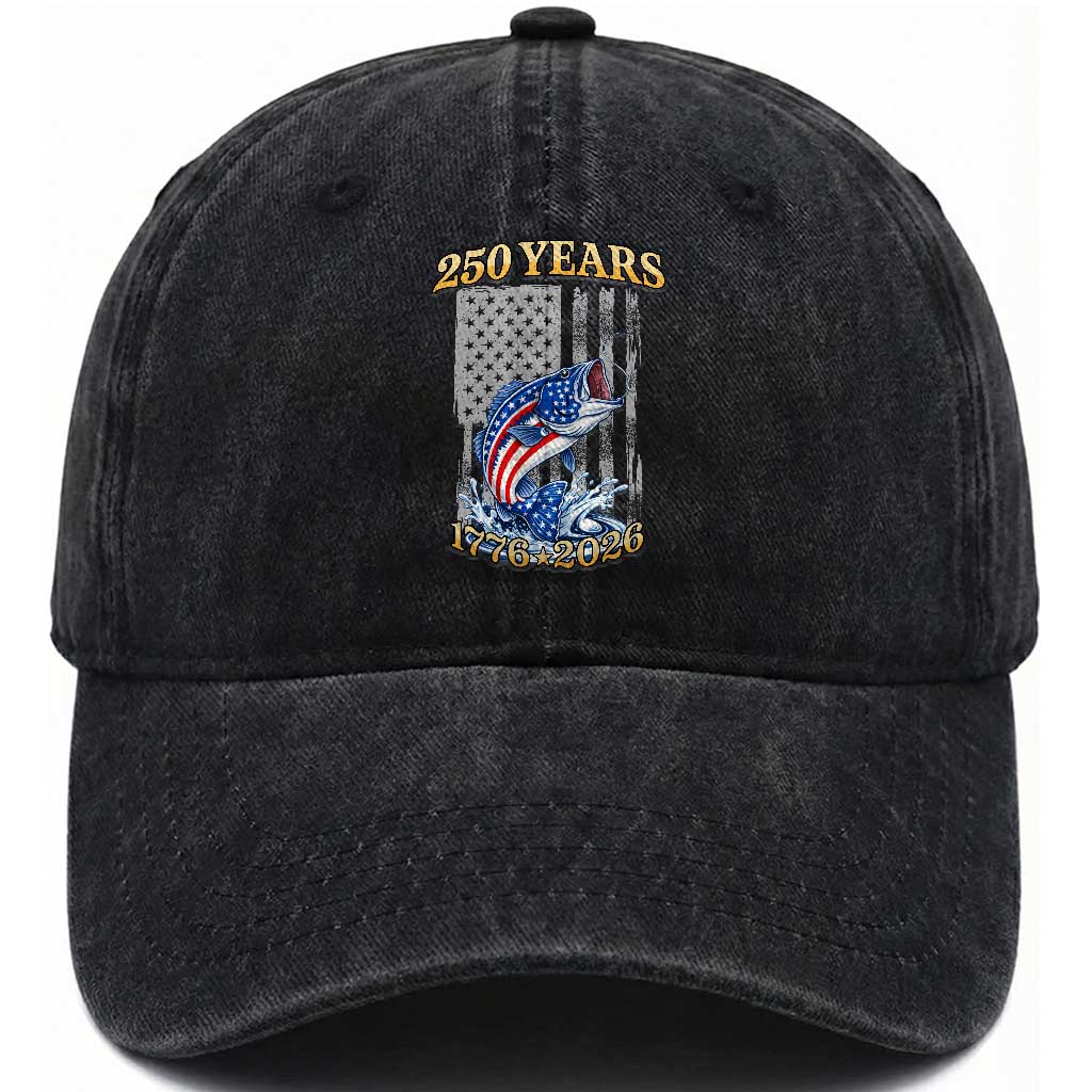 250th Anniversary USA Fishing Washed Cotton Baseball Cap Patriotic Fisherman American Flag TS14 Print Your Wear