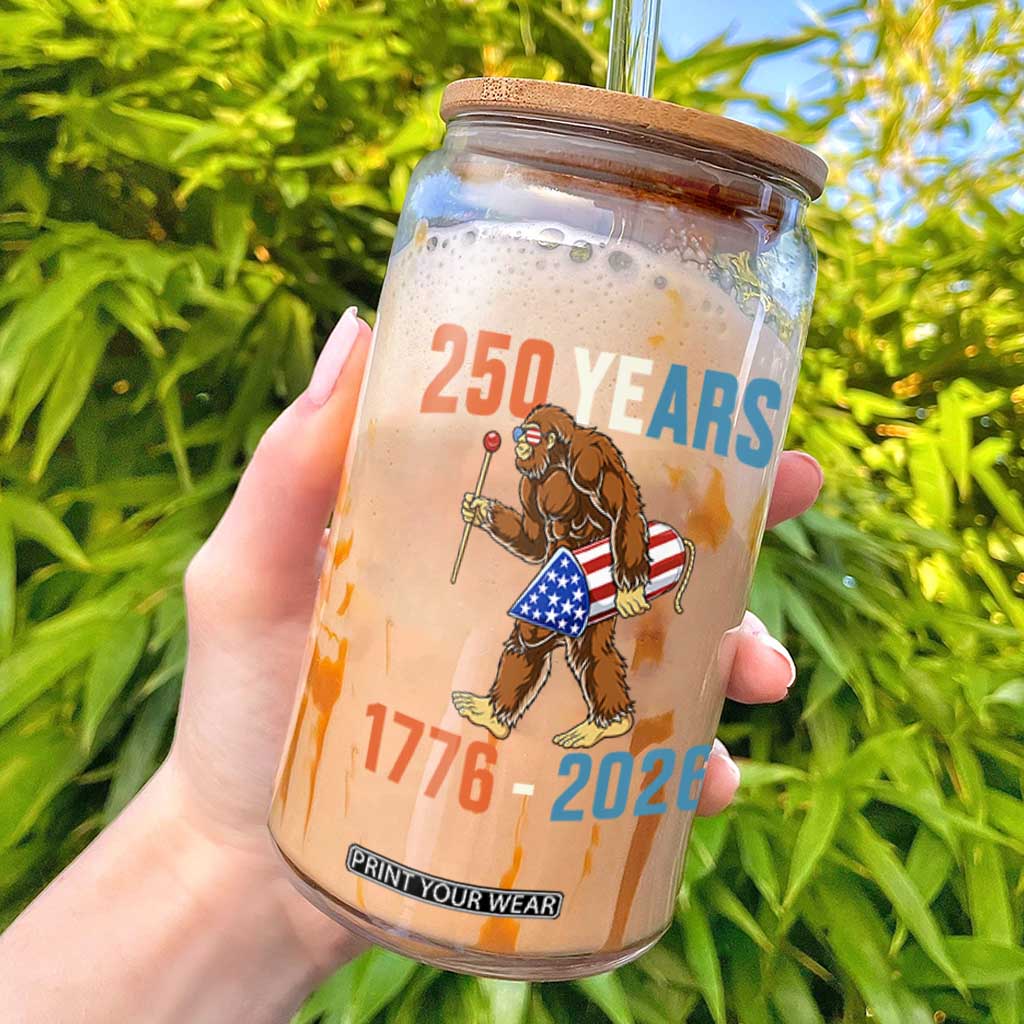 250th Anniversary USA Bigfoot Glass Can Funny Sasquatch American Flag Fireworks Fourth of July TS14 Black Print Your Wear