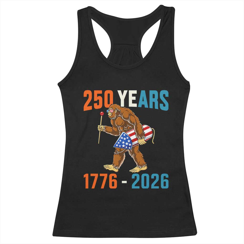 250th Anniversary USA Bigfoot Racerback Tank Top Funny Sasquatch American Flag Fireworks Fourth of July TS14 Black Print Your Wear