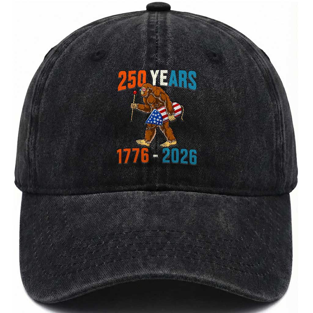 250th Anniversary USA Bigfoot Washed Cotton Baseball Cap Funny Sasquatch American Flag Fireworks Fourth of July TS14 Print Your Wear