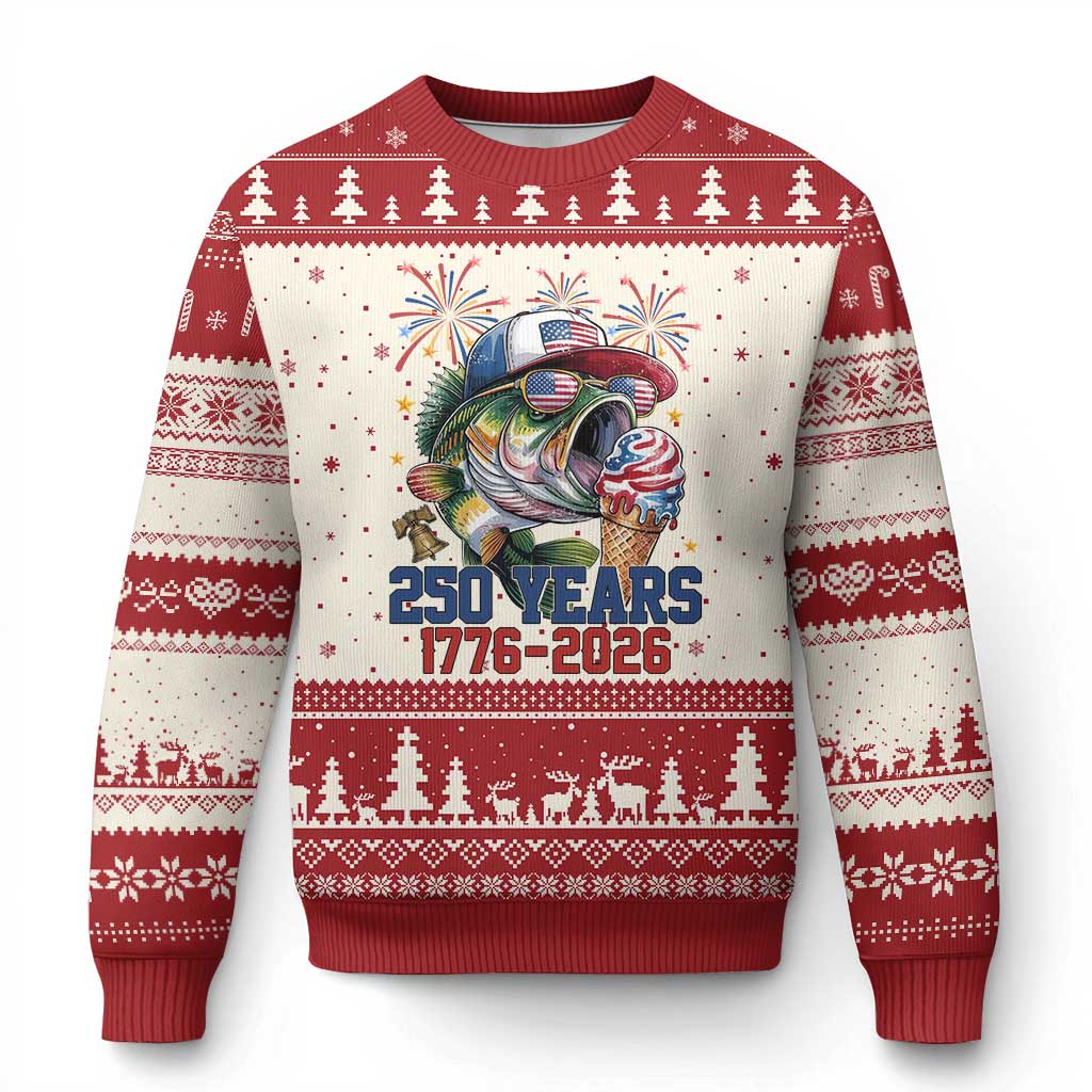 250th Anniversary USA Fishing Ugly Christmas Sweater Patriotic Bass Fish American Flag TS14 Beige Red Print Your Wear
