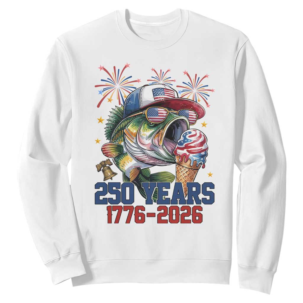 250th Anniversary USA Fishing Sweatshirt Patriotic Bass Fish American Flag TS14 White Print Your Wear