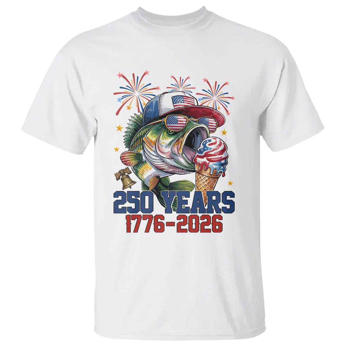 250th Anniversary USA Fishing T Shirt Patriotic Bass Fish American Flag TS14 White Print Your Wear