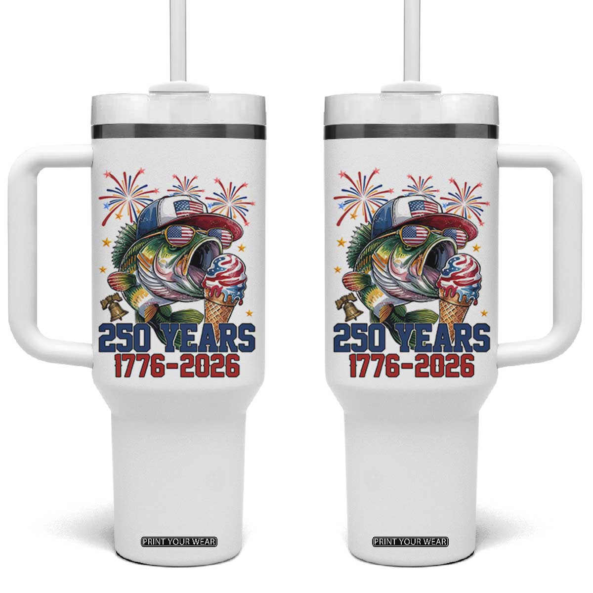 250th Anniversary USA Fishing Tumbler With Handle Patriotic Bass Fish American Flag TS14 One Size: 40 oz White Print Your Wear