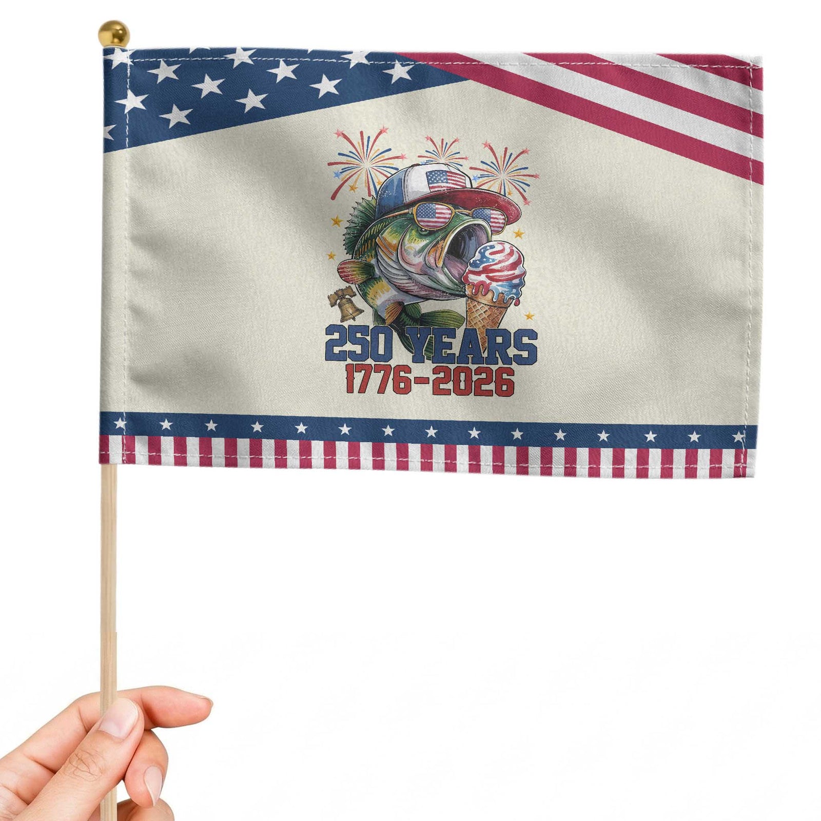 250th Anniversary USA Fishing Patriotic Handheld Flag Patriotic Bass Fish American Flag TS14 Modern 8.2