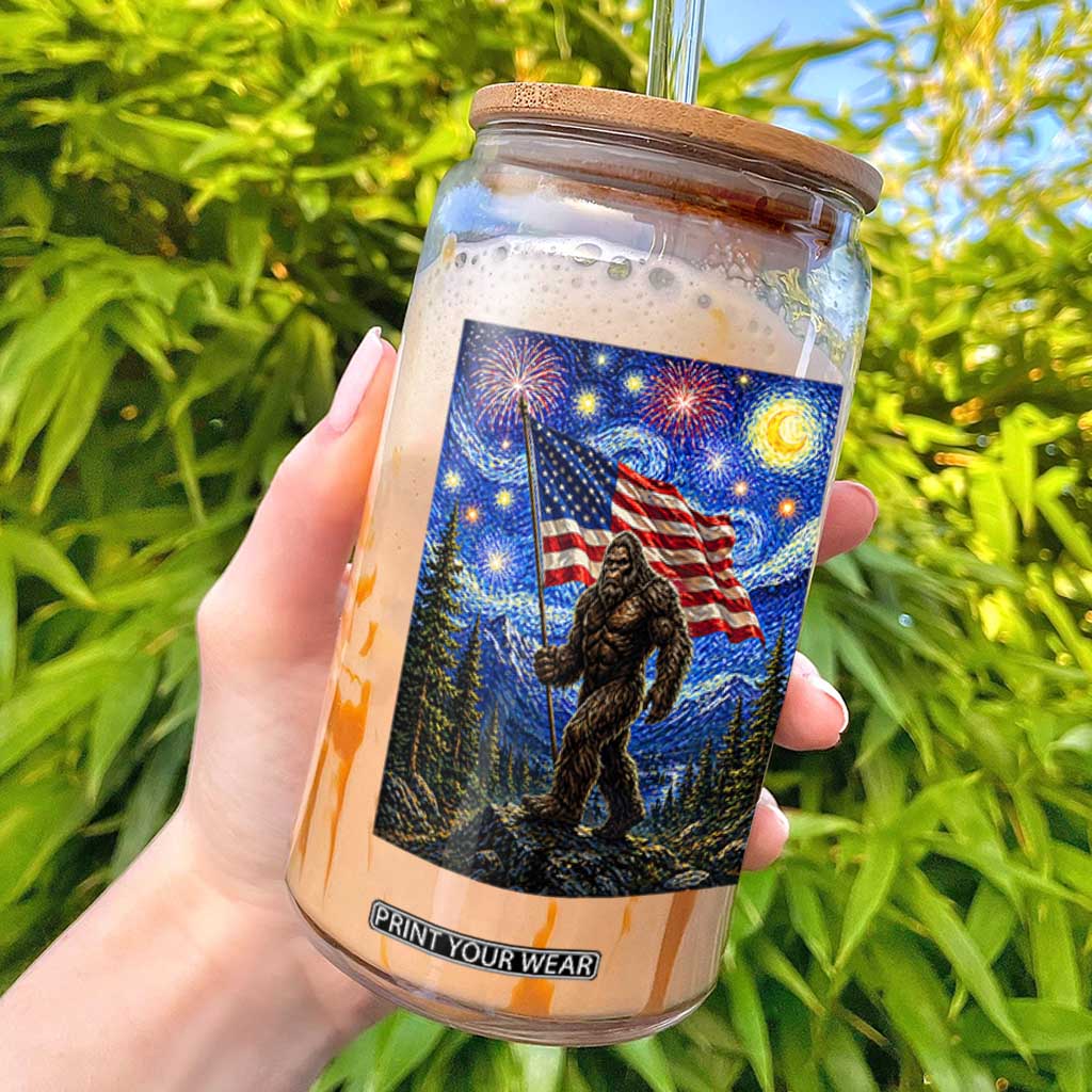 Bigfoot Patriotic 250 Years of Freedom Glass Can American USA Flag Stary Night TS14 Black Print Your Wear