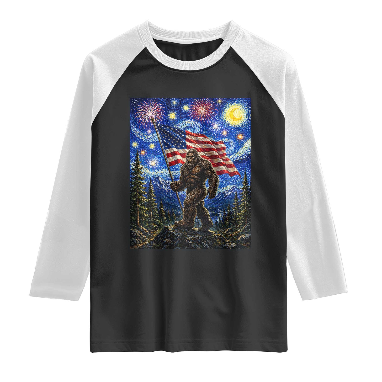 Bigfoot Patriotic 250 Years of Freedom Raglan Shirt American USA Flag Stary Night TS14 Black White Print Your Wear