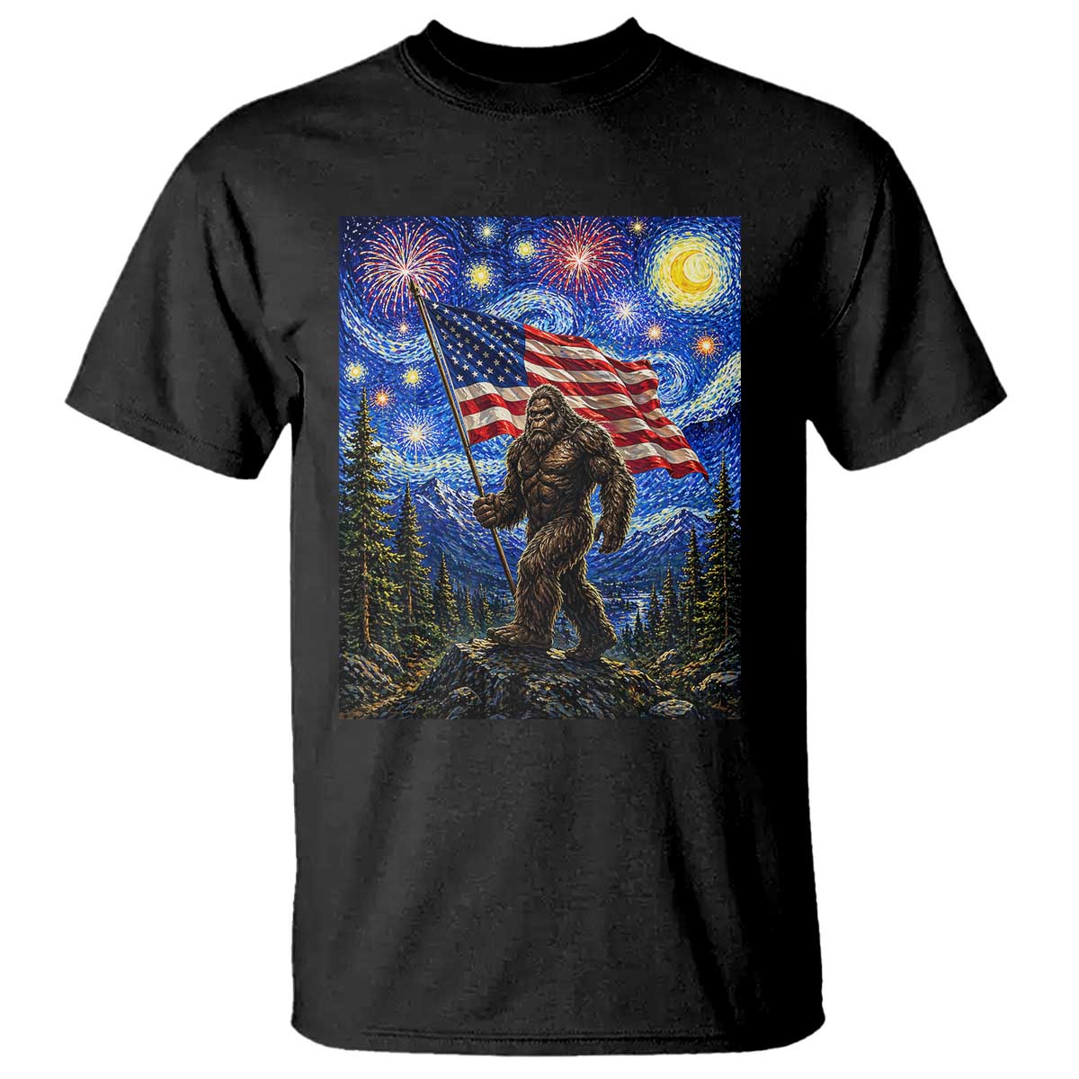 Bigfoot Patriotic 250 Years of Freedom T Shirt American USA Flag Stary Night TS14 Black Print Your Wear