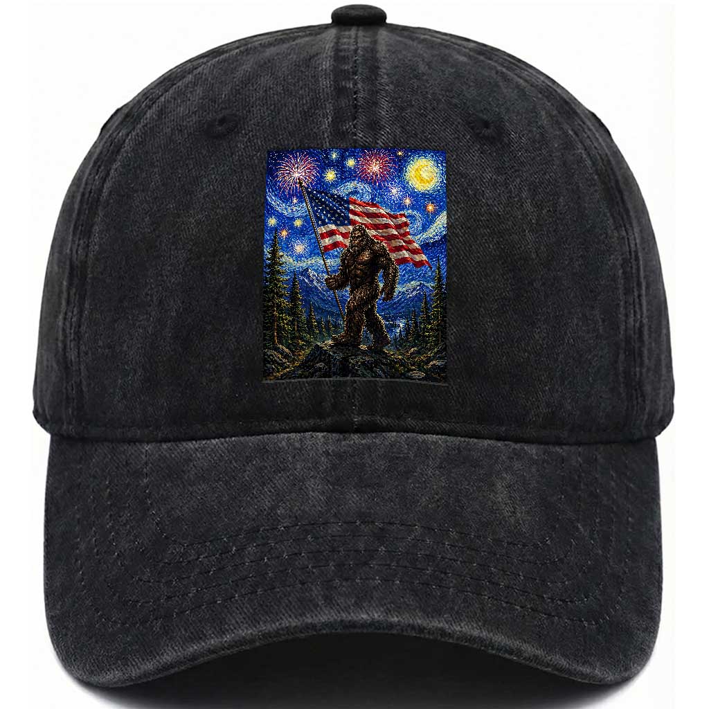 Bigfoot Patriotic 250 Years of Freedom Washed Cotton Baseball Cap American USA Flag Stary Night TS14 Print Your Wear
