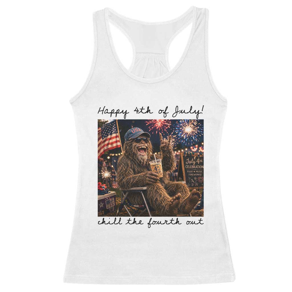 Funny Bigfoot 4th of July Racerback Tank Top Patriotic Sasquatch American Flag Party Festival TS14 White Print Your Wear