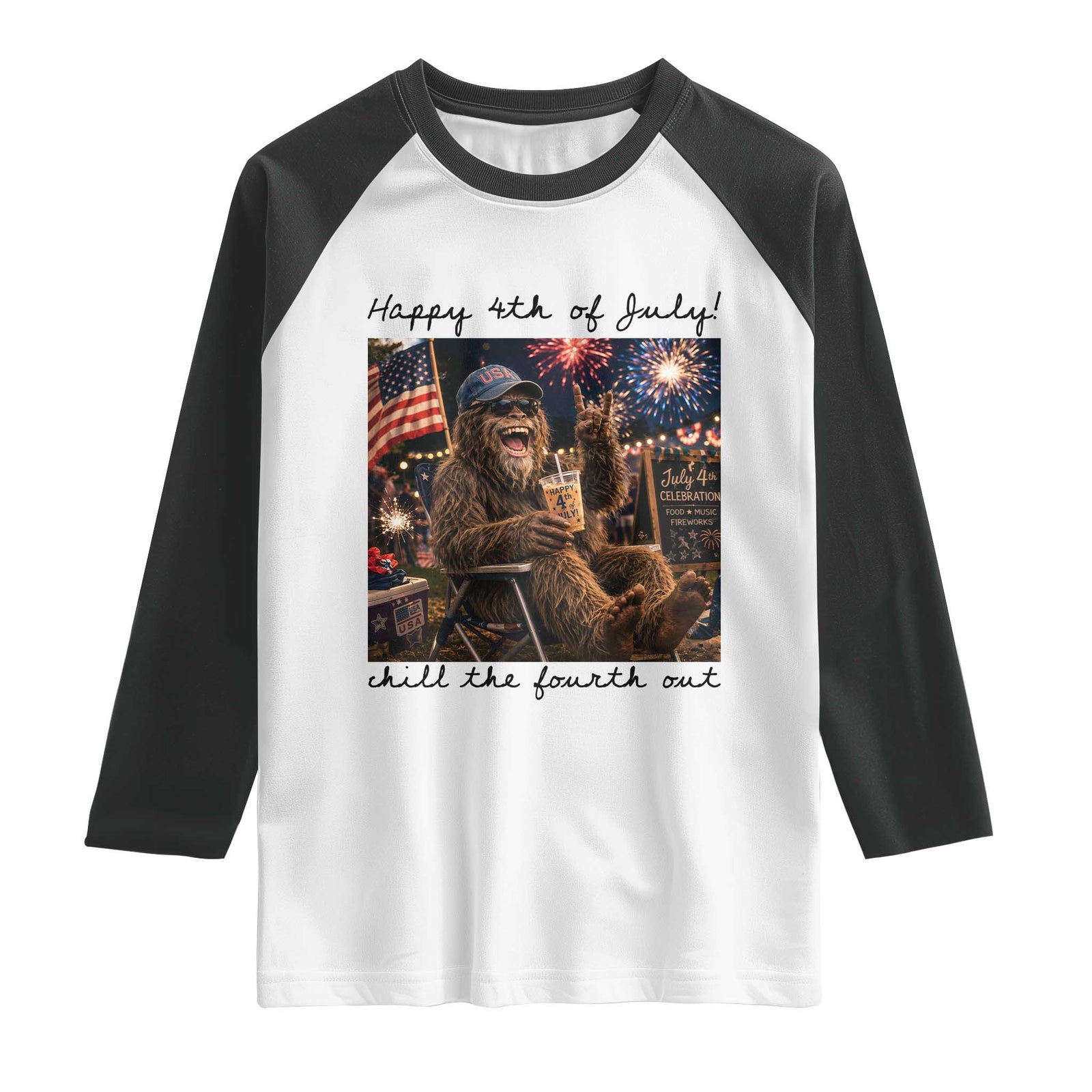 Funny Bigfoot 4th of July Raglan Shirt Patriotic Sasquatch American Flag Party Festival TS14 White Black Print Your Wear