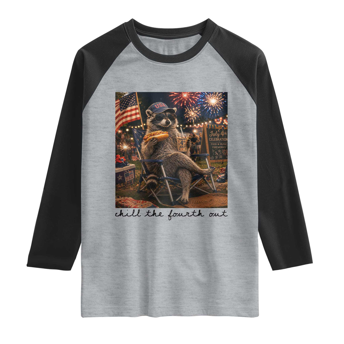 4th of July Raccoon Raglan Shirt Chill The Fourth Out TS14 Heather Gray Black Print Your Wear
