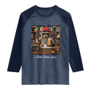 School Librarian Raglan Shirt I Live Here Now Back to School TS14 Heather Denim Navy Print Your Wear