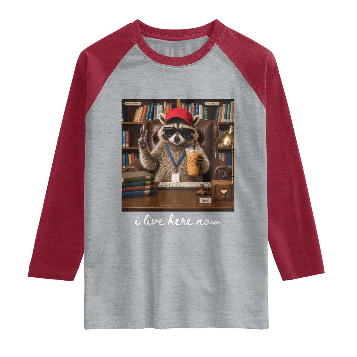 School Librarian Raglan Shirt I Live Here Now Back to School TS14 Heather Gray Heather Red Print Your Wear