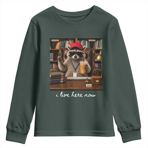 School Librarian Youth Sweatshirt I Live Here Now Back to School TS14 Dark Forest Green Print Your Wear