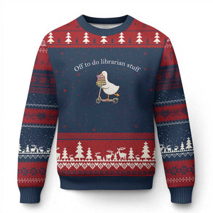 Silly Goose Librarian Ugly Christmas Sweater Off To Do Librarian Stuff Book Lover Gift TS14 Navy Red Print Your Wear