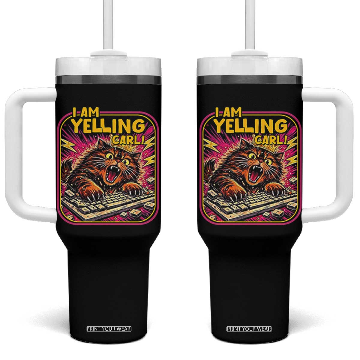 Funny I Am Yelling Carl Tumbler With Handle Screaming Donut Cat Meme TS14 One Size: 40 oz Black Print Your Wear